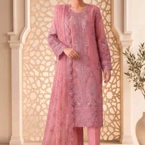 Full view of Dastaan rose pink breeze net suit with Shalmoz trousers and tassel dupatta by AL Hassan Lehnga House