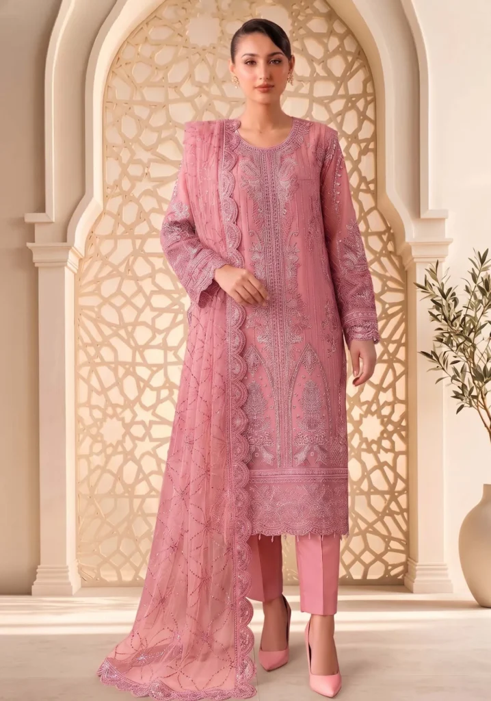 Dastaan Rose Pink Net 3-Piece Suit | Mahé Rooh