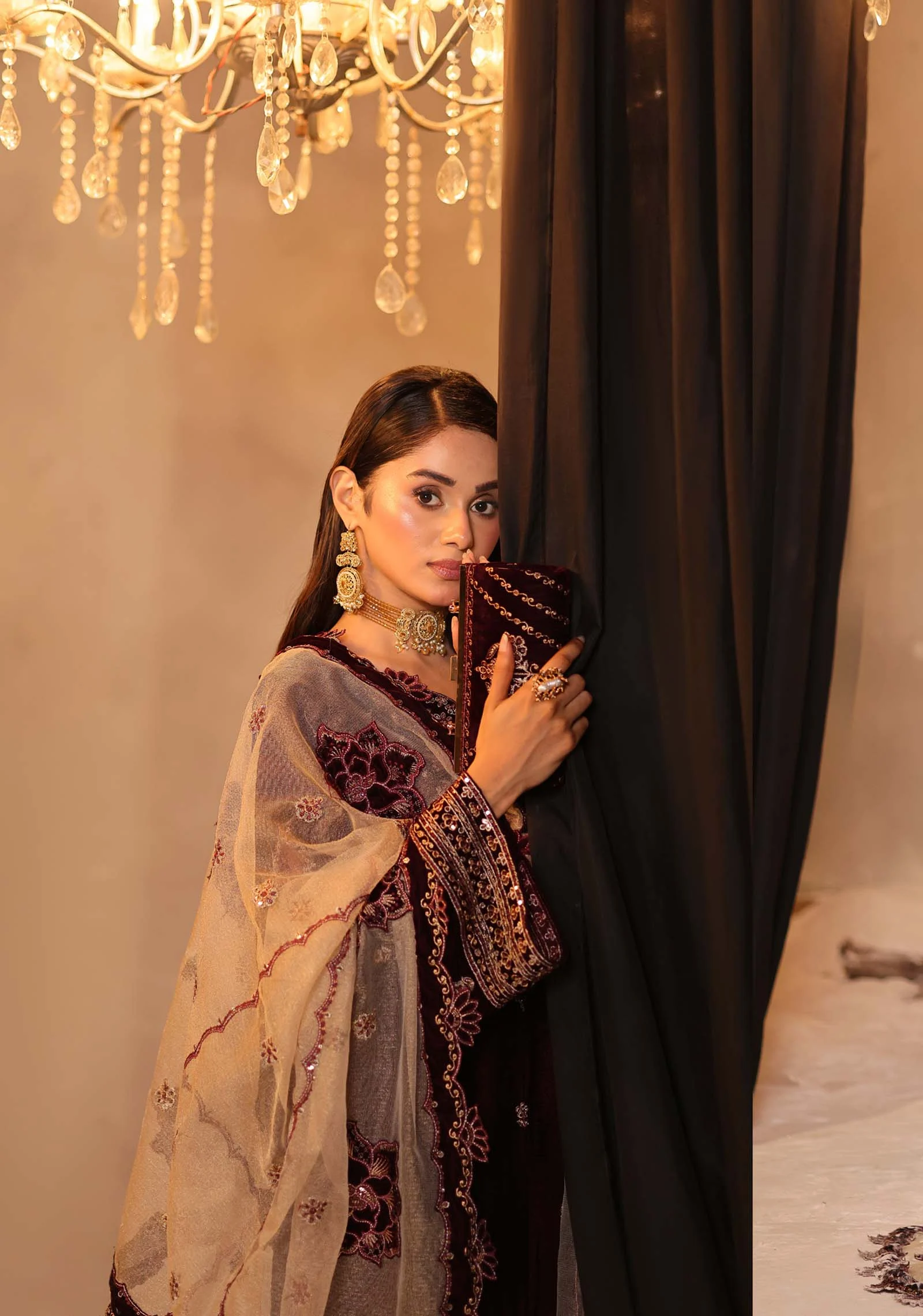 Cut Dana and Adda Takai Handwork on Velvet Shirt AL Hassan Lehnga House