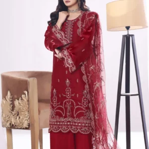 Deep maroon sheesha silk suit with heavy threadwork by AL Hassan Lehnga House