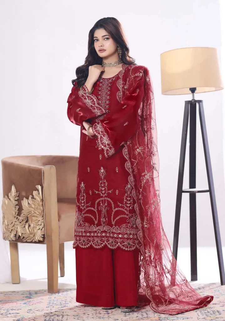 Dilkash Maroon Sheesha Silk 3pc | Motis Fashion