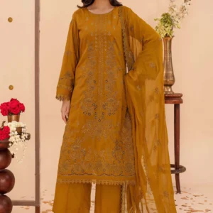 Mustard yellow premium viscose shirt with heavy embroidery and wide leg trousers