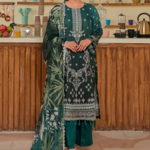Woman wearing Emerald Fern Sequence embroidered viscose 3-piece suit by AL Hassan Lehnga House