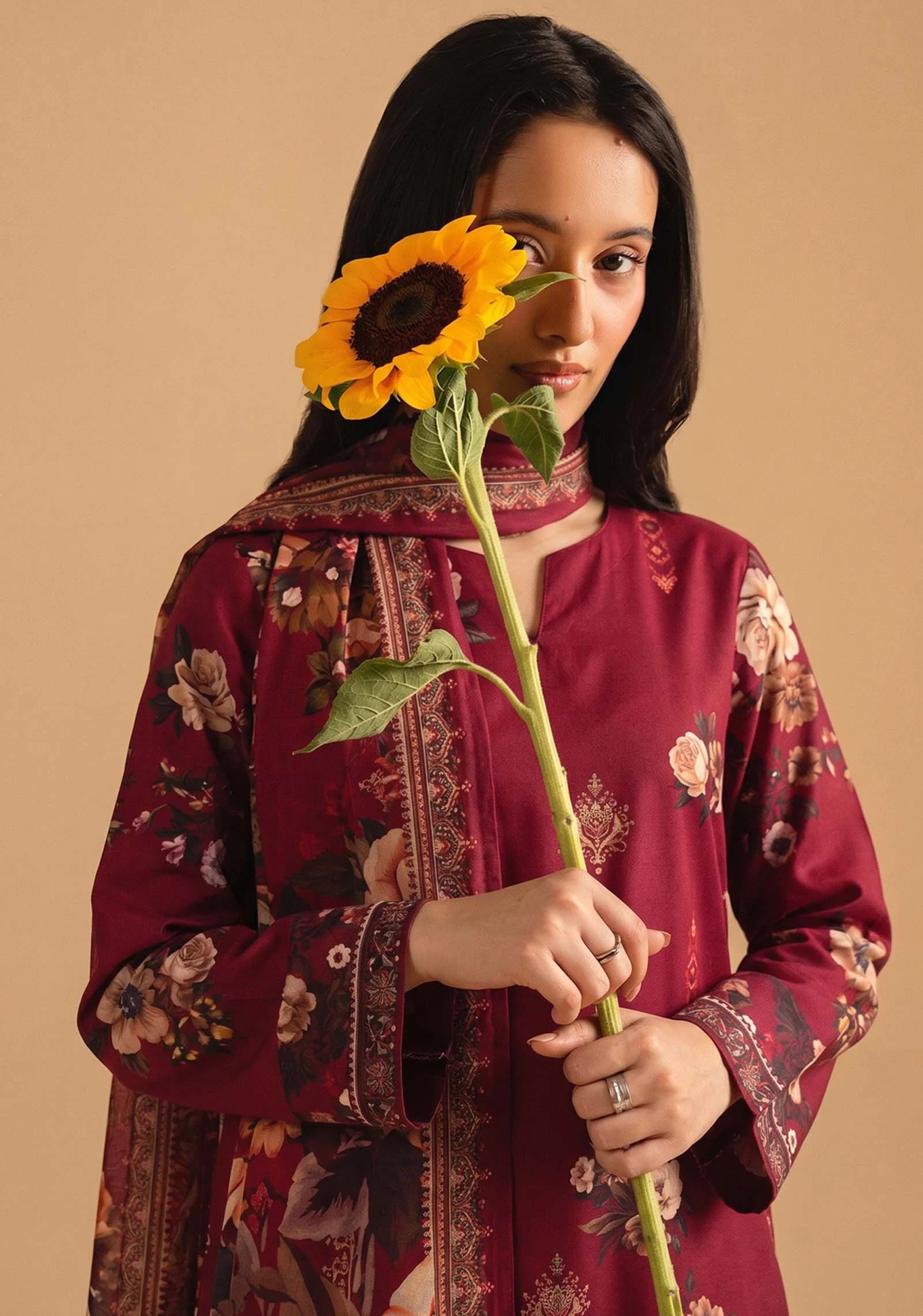 Gul-e-Zar Maroon Printed 3pc Suit | AALAYA - Image 4
