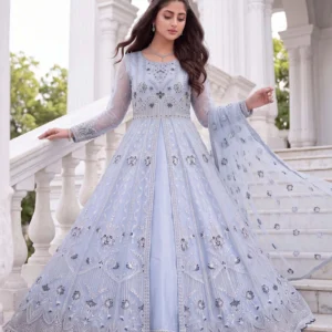 Ice blue floor length front open net maxi with silver zari work by AL Hassan Lehnga House