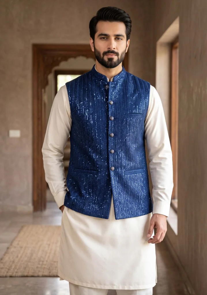 Falak Navy Blue Chevron Waistcoat | AL Hassan Lehnga House :