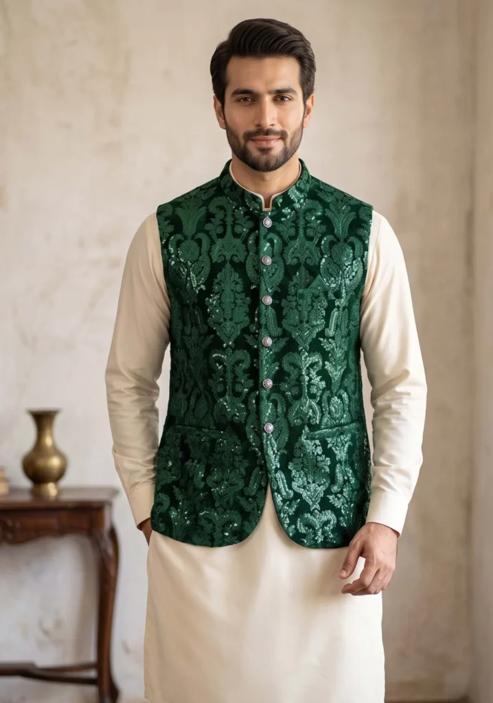 Feroze Green Velvet Sequin Wasket | AL Hassan Lehnga House