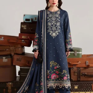 Woman wearing a navy blue 3-piece suit with ethnic motifs and floral hem by AL Hassan Lehnga House