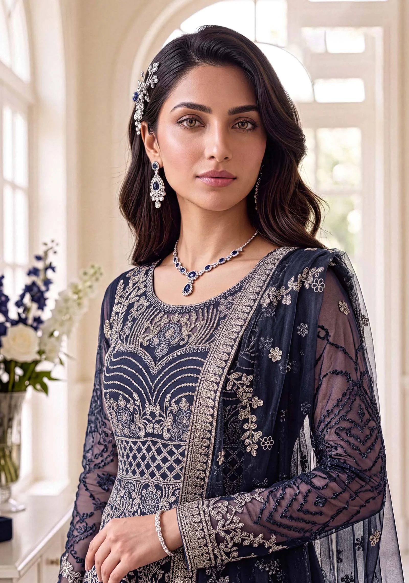 Zoya Navy Net Peplum Sharara 3pc Set | Moti's Fashion - Image 8