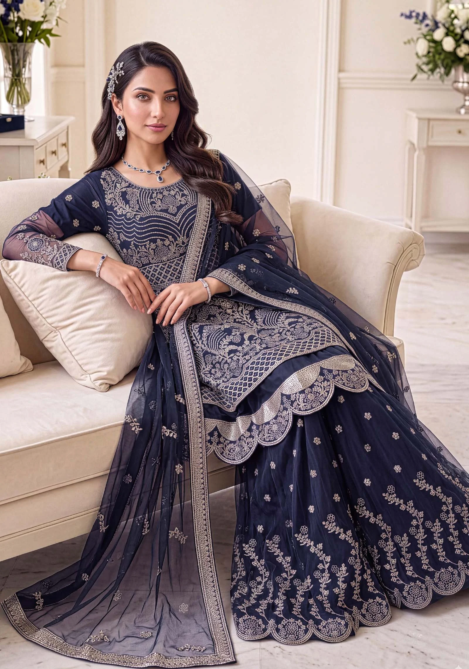 Zoya Navy Net Peplum Sharara 3pc Set | Moti's Fashion - Image 7