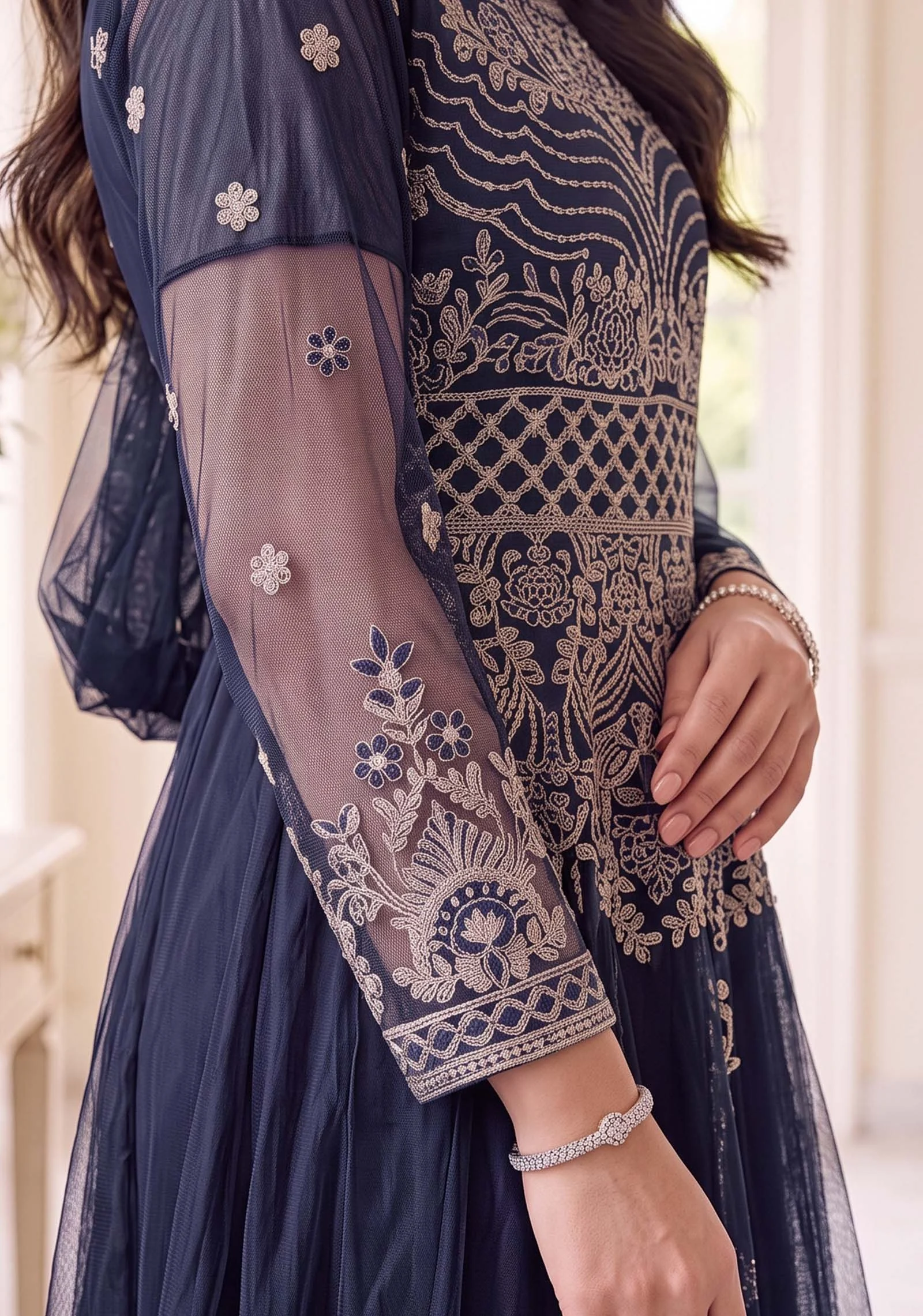 Zoya Navy Net Peplum Sharara 3pc Set | Moti's Fashion - Image 5