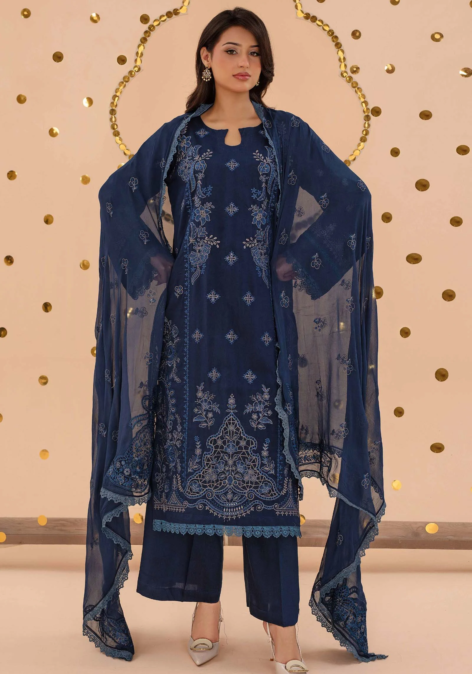 Model showing full length navy blue viscose suit and dupatta AL Hassan Lehnga House