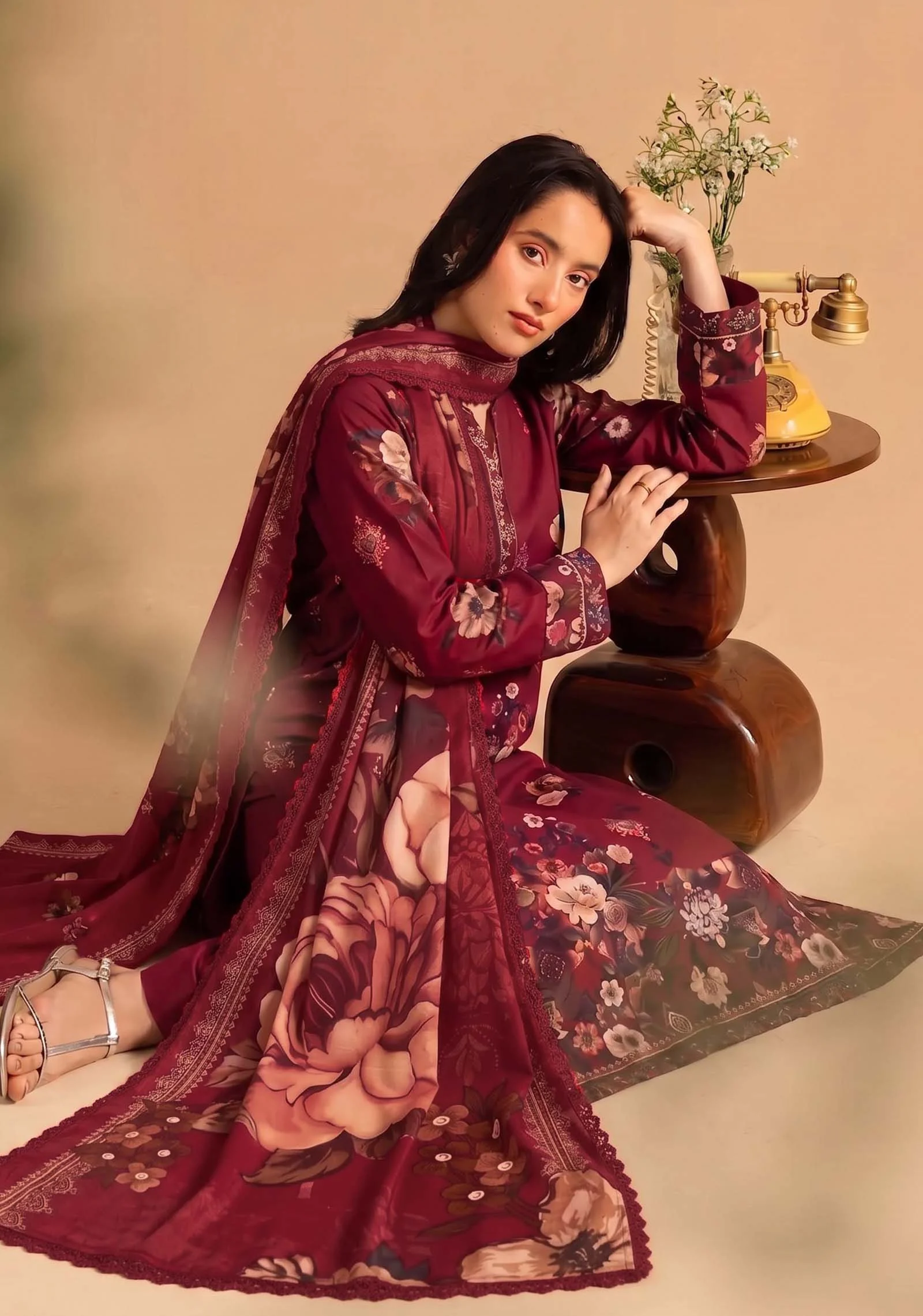 Gul-e-Zar Maroon Printed 3pc Suit | AALAYA - Image 5