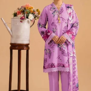 Model wearing lavender 3 piece suit with floral print and tassels by AL Hassan Lehnga House