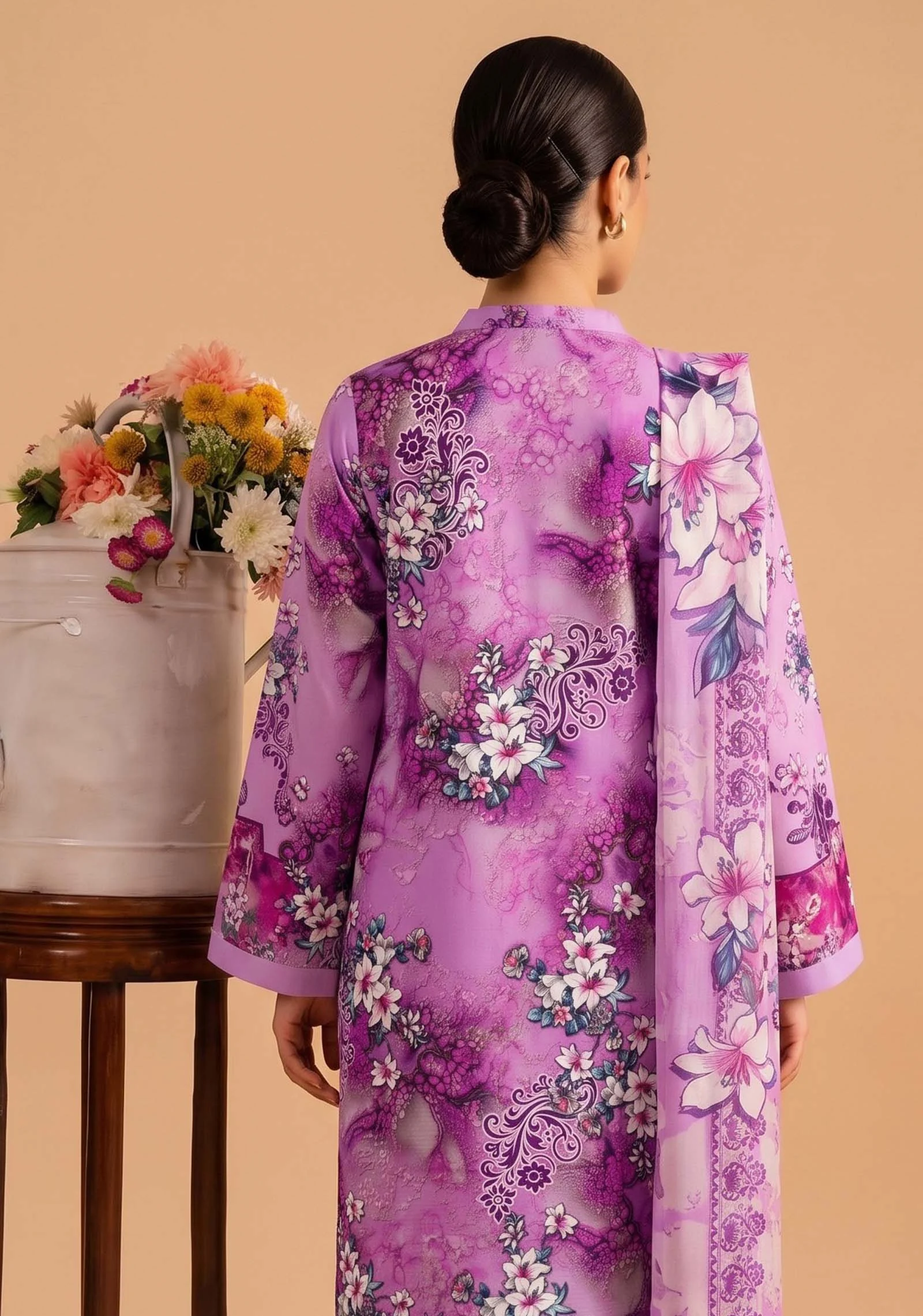 Back view of lavender floral printed shirt from AL Hassan Lehnga House
