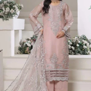 Full view of blush pink Lawa Silk 3-piece formal set by AL Hassan Lehnga House