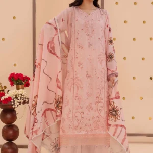 Front view of Gul-e-Gulab Karandi embroidered shirt with digital printed dupatta