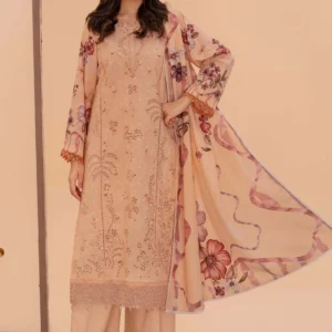 Front view of peach floral embroidered Karandi 3-piece suit with digital print dupatta