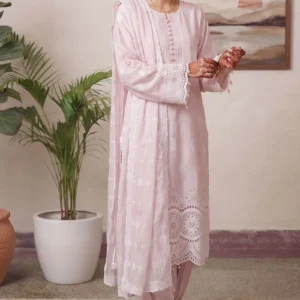 Full length view of pink embroidered viscose suit with schiffli work by AL Hassan Lehnga House