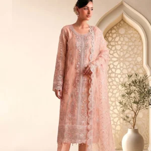 Full view of Gul-e-Rana Peach Breeze Net Fancy Suit with Tussle Net Dupatta by AL Hassan Lehnga House