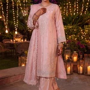 Front view of Gul-e-Sadaf blush pink silk suit by AL Hassan Lehnga House