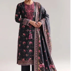 Woman wearing charcoal and pink floral 3-piece lawn suit by AL Hassan Lehnga House