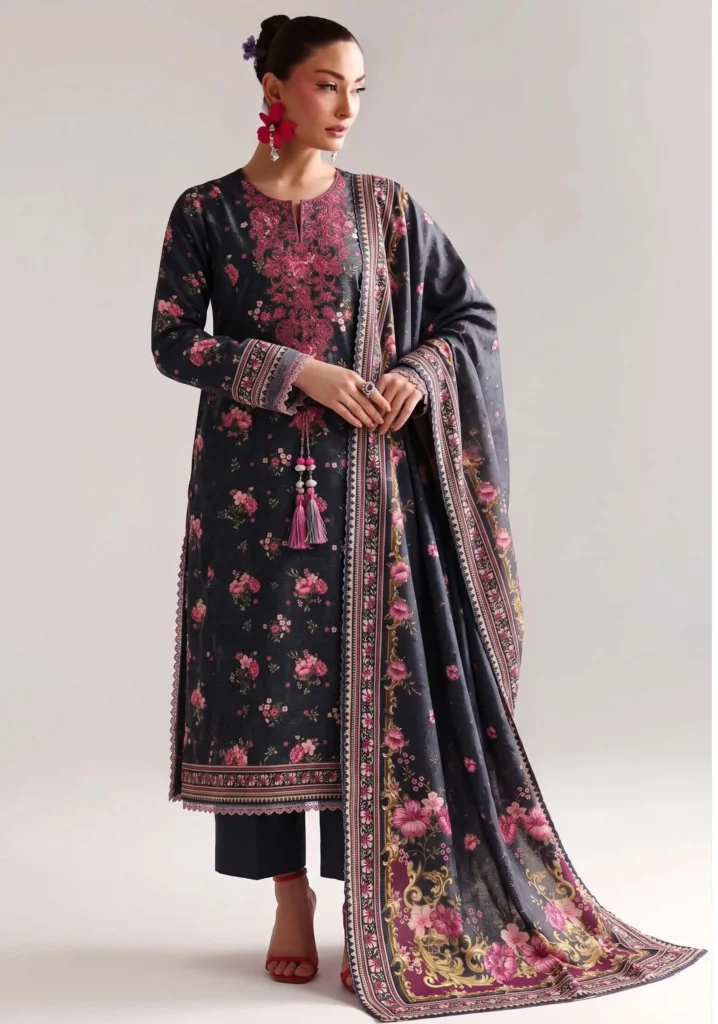 Gul-e-Shabnam Charcoal Floral 3-Piece | GULL-E-RUKH