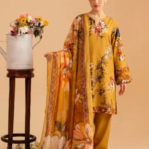Gul-e-Subh Mustard 3-piece suit with floral embroidery and printed dupatta from AL Hassan Lehnga House