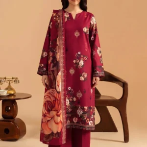 Front view of a maroon 3-piece suit with ethnic motifs from AL Hassan Lehnga House