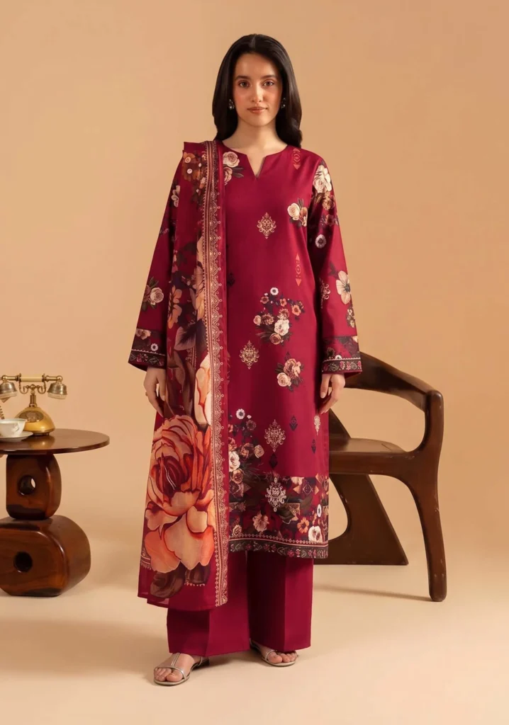 Gul-e-Zar Maroon Printed 3pc Suit | AALAYA