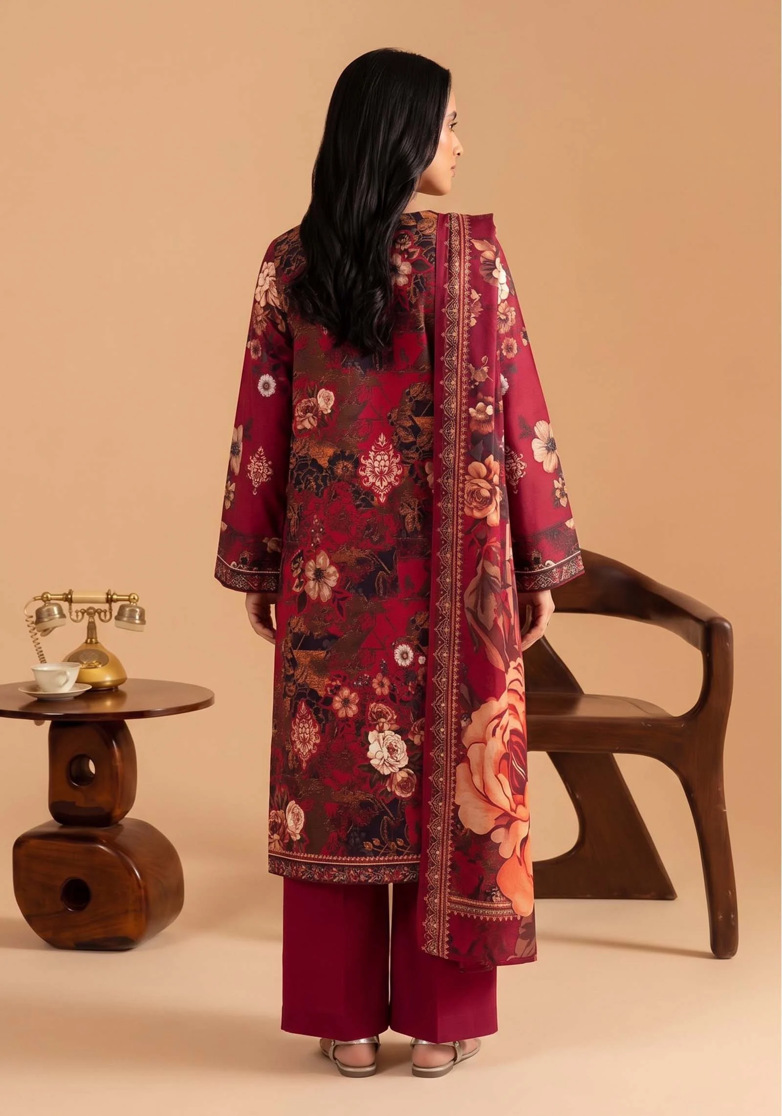 Back view of printed maroon suit shirt and trousers AL Hassan Lehnga House