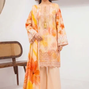 Woman wearing a peach floral printed staple slub suit with wide-leg trousers by AL Hassan Lehnga House