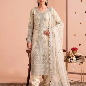 Front view of ivory Breeze Net fancy A-line suit by AL Hassan Lehnga House
