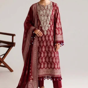 Model wearing a maroon 3-piece suit with ethnic embroidery by AL Hassan Lehnga House