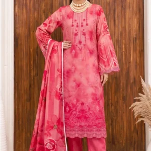 Full view of a pink floral digital print staple slub suit with embroidery