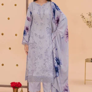 Model wearing lavender digital printed Karandi 3pc suit by AL Hassan Lehnga House