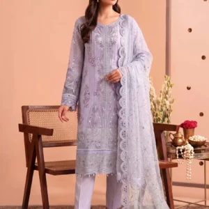 Model wearing a lavender Breeze Net 3-piece suit from AL Hassan Lehnga House