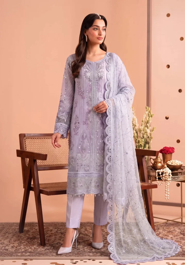 Lavender Mist Fancy Net 3-Piece Suit | Mahé Rooh