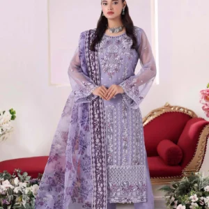 Woman wearing lavender embroidered organza 3pc suit by AL Hassan Lehnga House