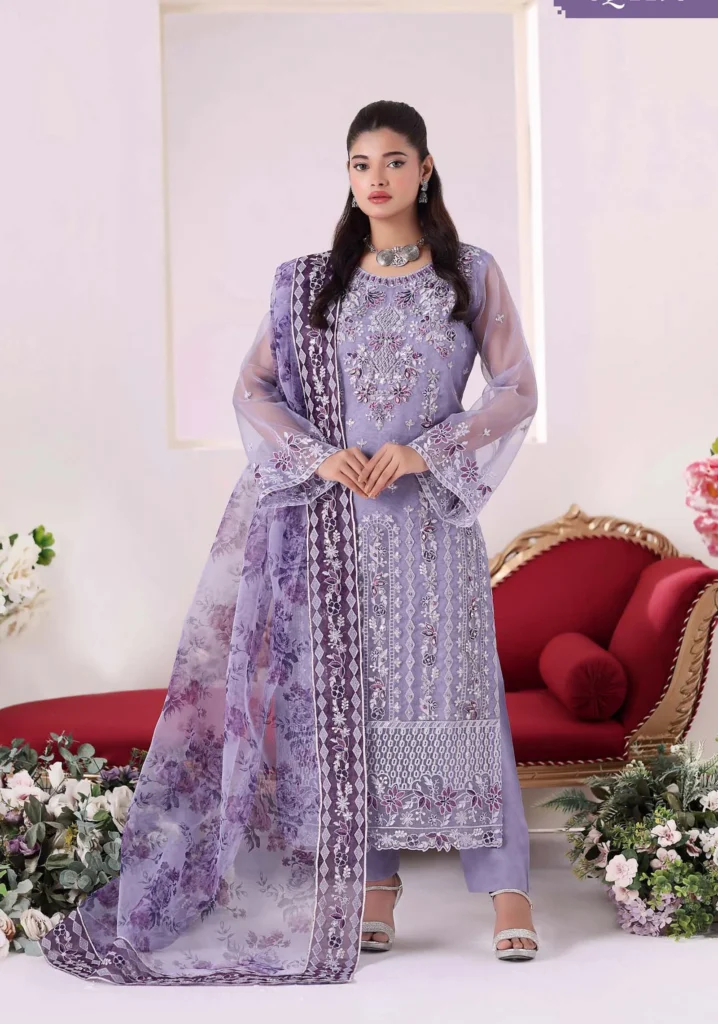 Lavender Floral Organza 3pc Formal Suit | Motis Fashion