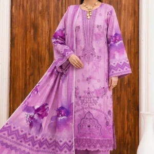 Woman wearing a lilac floral embroidered 3-piece winter slub suit by AL Hassan Lehnga House
