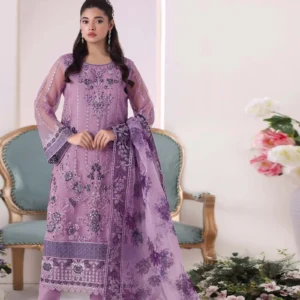 Woman wearing a lilac floral organza 3-piece formal suit with embroidery