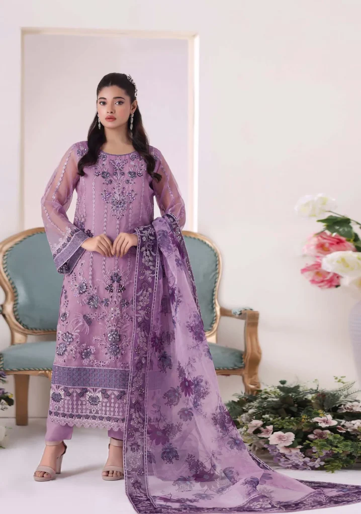 Lilac Floral Organza 3pc Formal Suit | Motis Fashion