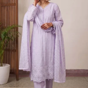 Lilac unstitched viscose shirt with schiffli embroidery and pearl detailing by AL Hassan Lehnga House
