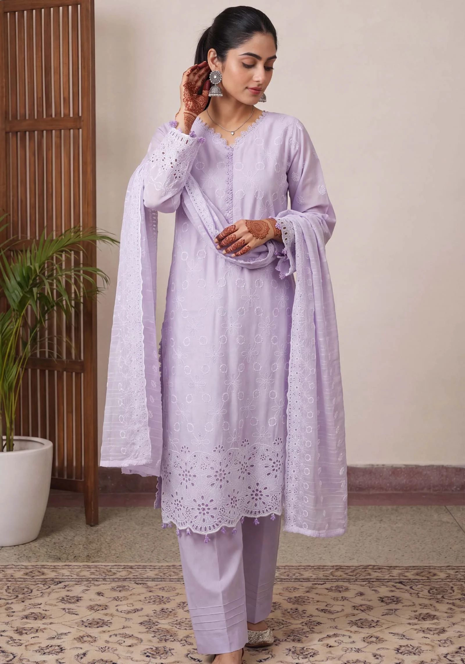 Lilac unstitched viscose shirt with schiffli embroidery and pearl detailing by AL Hassan Lehnga House