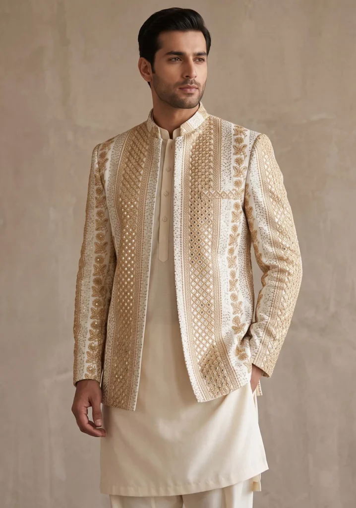 Mah-e-Nau Ivory Raw Silk Prince Coat | AL Hassan Lehnga House