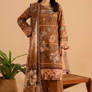 Mah-e-Noor Brown 3 piece suit with ethnic embroidery and floral dupatta