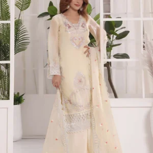 Woman wearing cream Mah-e-Noor Sheesha Silk formal dress by AL Hassan Lehnga House