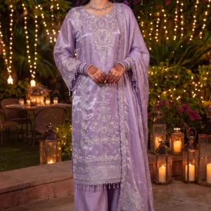 Full view of Mah-e-Noor lilac shesha silk embroidered suit by AL Hassan Lehnga House