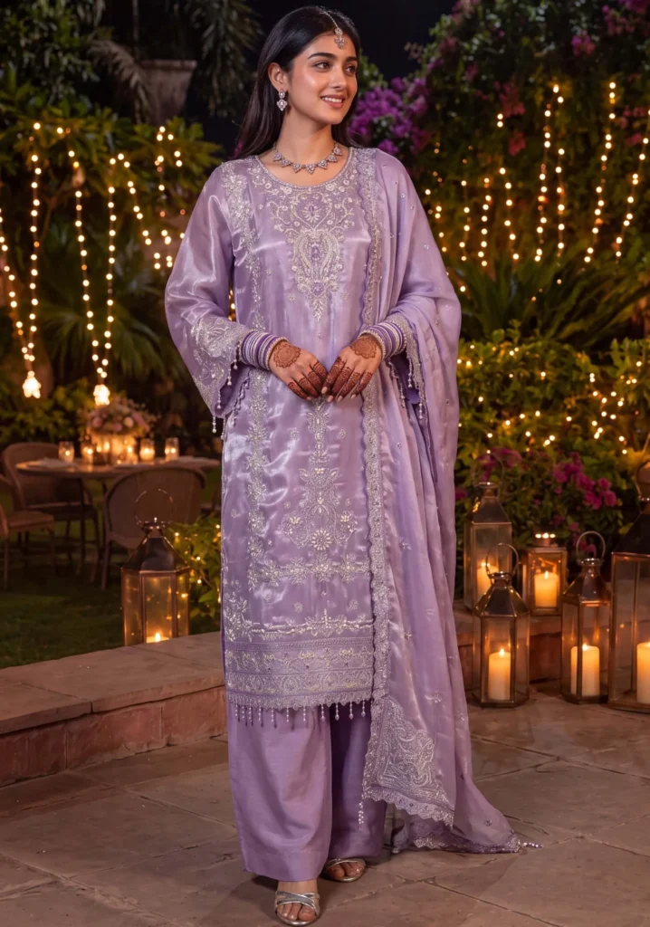 Mah-e-Noor Lilac Silk Embroidered 3pc | Dressline
